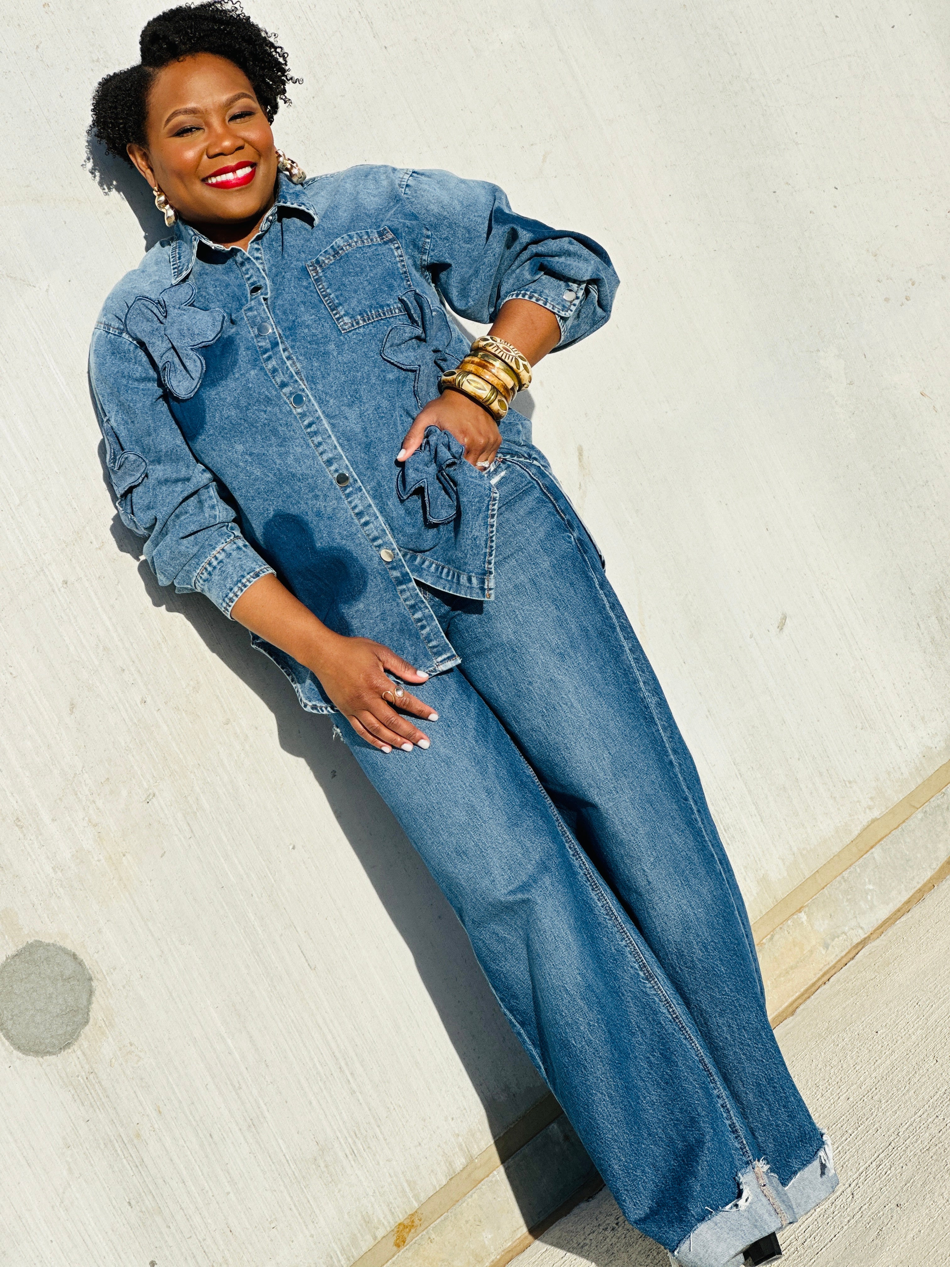 Pushin Petals Denim Top