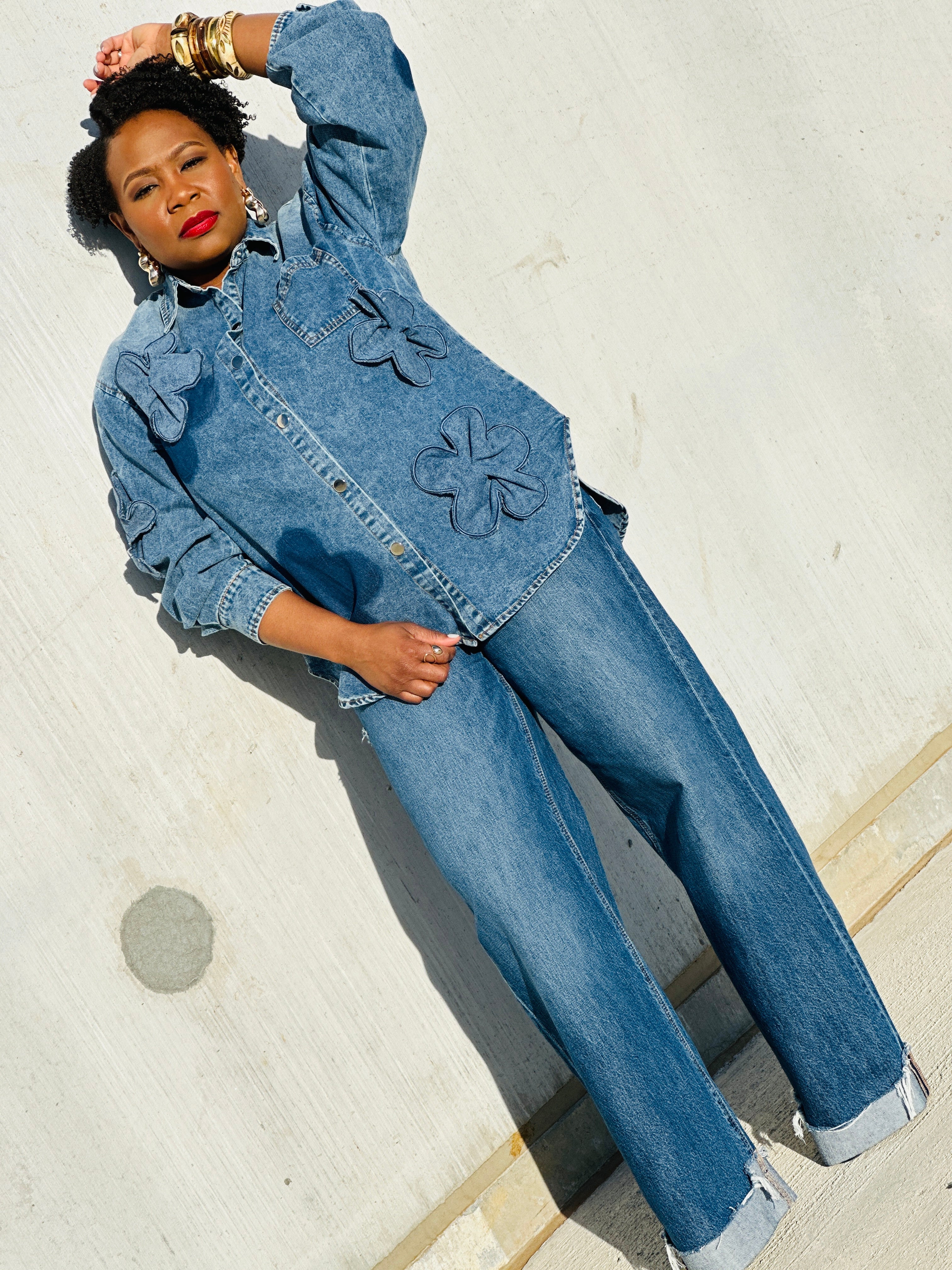 Pushin Petals Denim Top